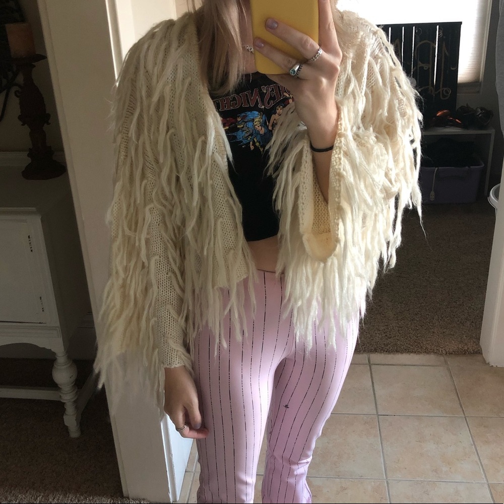 Cream Knit Fringe Cardigan Sweater